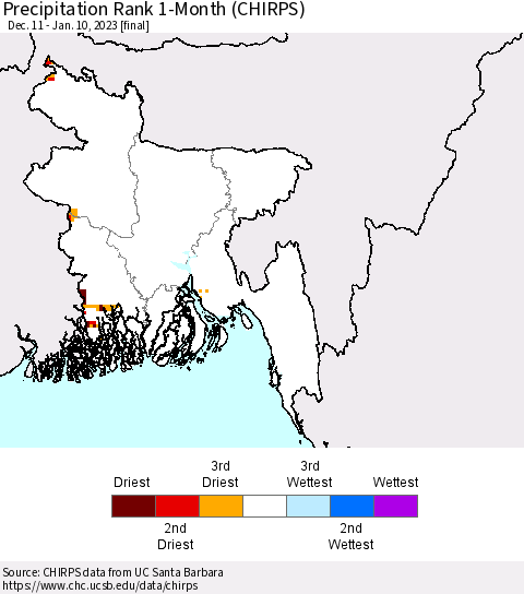 Bangladesh Precipitation Rank since 1981, 1-Month (CHIRPS) Thematic Map For 12/11/2022 - 1/10/2023