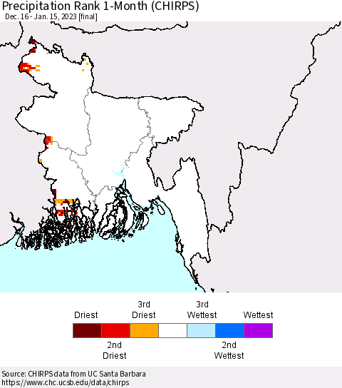 Bangladesh Precipitation Rank since 1981, 1-Month (CHIRPS) Thematic Map For 12/16/2022 - 1/15/2023
