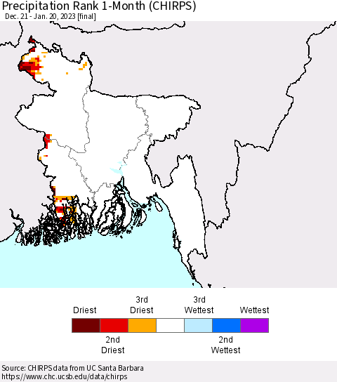 Bangladesh Precipitation Rank since 1981, 1-Month (CHIRPS) Thematic Map For 12/21/2022 - 1/20/2023