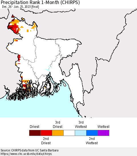 Bangladesh Precipitation Rank since 1981, 1-Month (CHIRPS) Thematic Map For 12/26/2022 - 1/25/2023