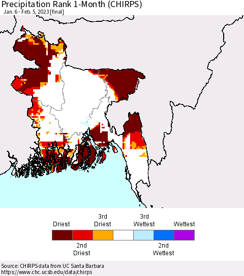 Bangladesh Precipitation Rank since 1981, 1-Month (CHIRPS) Thematic Map For 1/6/2023 - 2/5/2023