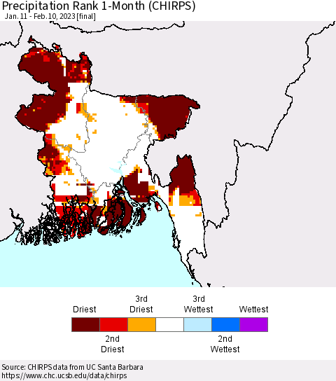 Bangladesh Precipitation Rank since 1981, 1-Month (CHIRPS) Thematic Map For 1/11/2023 - 2/10/2023