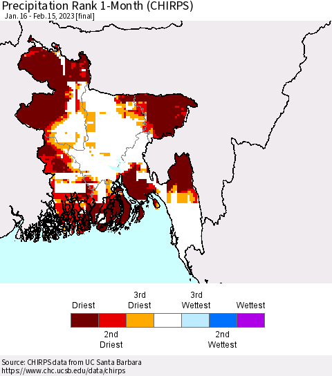 Bangladesh Precipitation Rank since 1981, 1-Month (CHIRPS) Thematic Map For 1/16/2023 - 2/15/2023