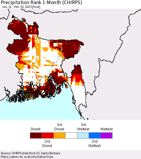 Bangladesh Precipitation Rank since 1981, 1-Month (CHIRPS) Thematic Map For 1/21/2023 - 2/20/2023