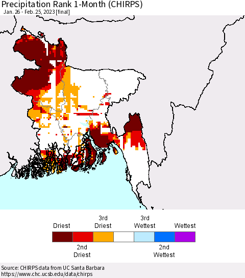 Bangladesh Precipitation Rank since 1981, 1-Month (CHIRPS) Thematic Map For 1/26/2023 - 2/25/2023