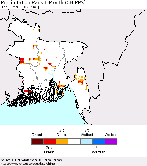 Bangladesh Precipitation Rank since 1981, 1-Month (CHIRPS) Thematic Map For 2/6/2023 - 3/5/2023