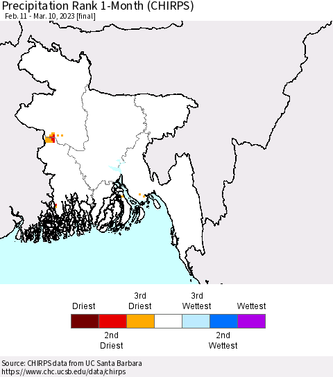 Bangladesh Precipitation Rank since 1981, 1-Month (CHIRPS) Thematic Map For 2/11/2023 - 3/10/2023