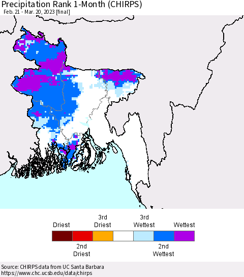 Bangladesh Precipitation Rank since 1981, 1-Month (CHIRPS) Thematic Map For 2/21/2023 - 3/20/2023