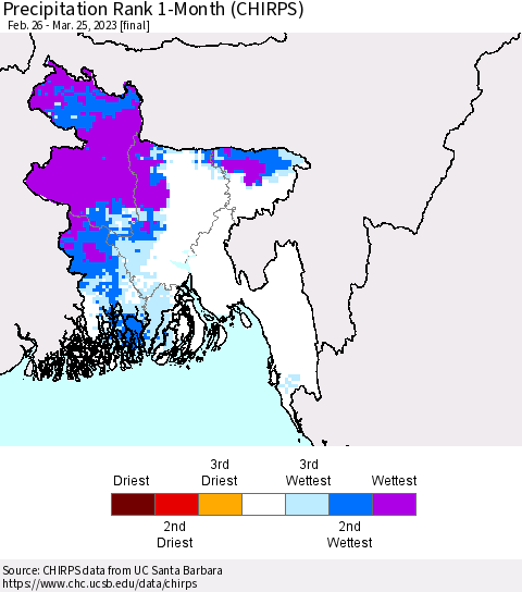 Bangladesh Precipitation Rank since 1981, 1-Month (CHIRPS) Thematic Map For 2/26/2023 - 3/25/2023