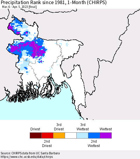 Bangladesh Precipitation Rank since 1981, 1-Month (CHIRPS) Thematic Map For 3/6/2023 - 4/5/2023