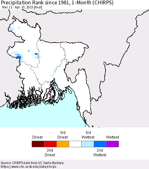 Bangladesh Precipitation Rank since 1981, 1-Month (CHIRPS) Thematic Map For 3/11/2023 - 4/10/2023