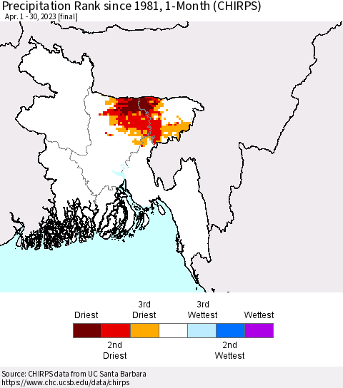 Bangladesh Precipitation Rank since 1981, 1-Month (CHIRPS) Thematic Map For 4/1/2023 - 4/30/2023