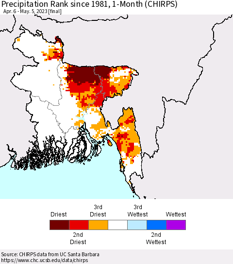 Bangladesh Precipitation Rank since 1981, 1-Month (CHIRPS) Thematic Map For 4/6/2023 - 5/5/2023