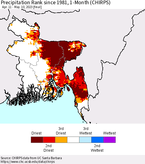 Bangladesh Precipitation Rank since 1981, 1-Month (CHIRPS) Thematic Map For 4/11/2023 - 5/10/2023