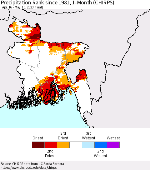 Bangladesh Precipitation Rank since 1981, 1-Month (CHIRPS) Thematic Map For 4/16/2023 - 5/15/2023