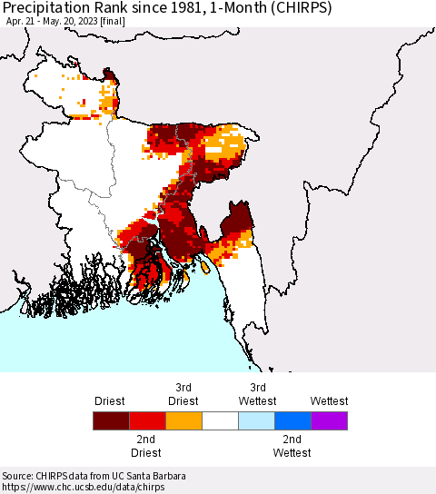 Bangladesh Precipitation Rank since 1981, 1-Month (CHIRPS) Thematic Map For 4/21/2023 - 5/20/2023