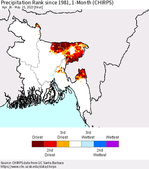 Bangladesh Precipitation Rank since 1981, 1-Month (CHIRPS) Thematic Map For 4/26/2023 - 5/25/2023