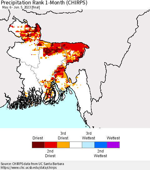 Bangladesh Precipitation Rank since 1981, 1-Month (CHIRPS) Thematic Map For 5/6/2023 - 6/5/2023