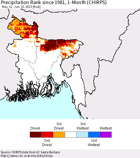 Bangladesh Precipitation Rank since 1981, 1-Month (CHIRPS) Thematic Map For 5/11/2023 - 6/10/2023