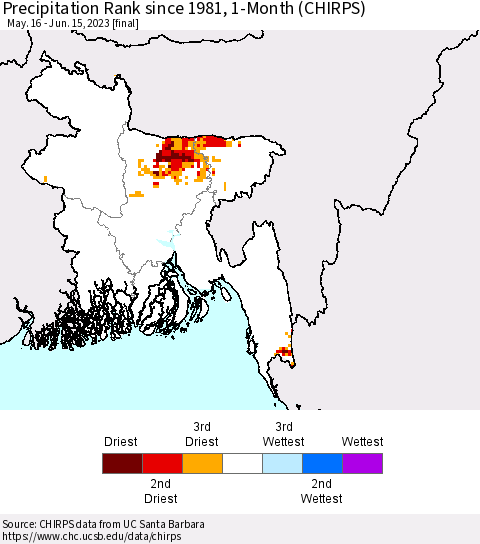 Bangladesh Precipitation Rank since 1981, 1-Month (CHIRPS) Thematic Map For 5/16/2023 - 6/15/2023