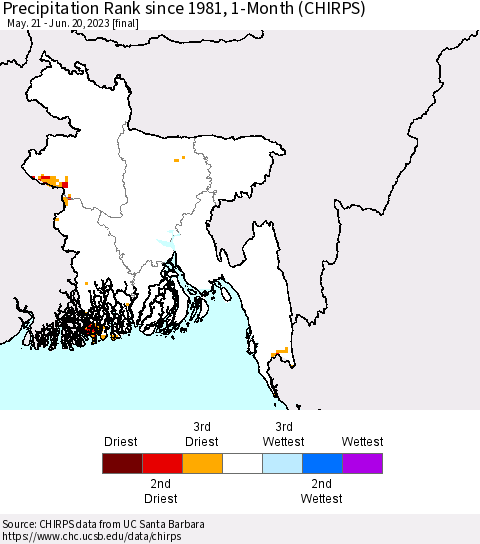Bangladesh Precipitation Rank since 1981, 1-Month (CHIRPS) Thematic Map For 5/21/2023 - 6/20/2023