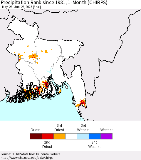 Bangladesh Precipitation Rank since 1981, 1-Month (CHIRPS) Thematic Map For 5/26/2023 - 6/25/2023