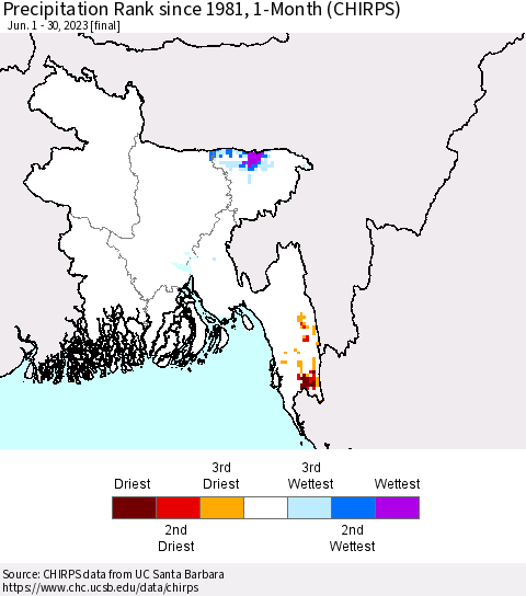 Bangladesh Precipitation Rank since 1981, 1-Month (CHIRPS) Thematic Map For 6/1/2023 - 6/30/2023