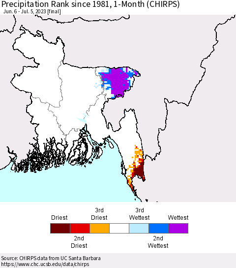 Bangladesh Precipitation Rank since 1981, 1-Month (CHIRPS) Thematic Map For 6/6/2023 - 7/5/2023
