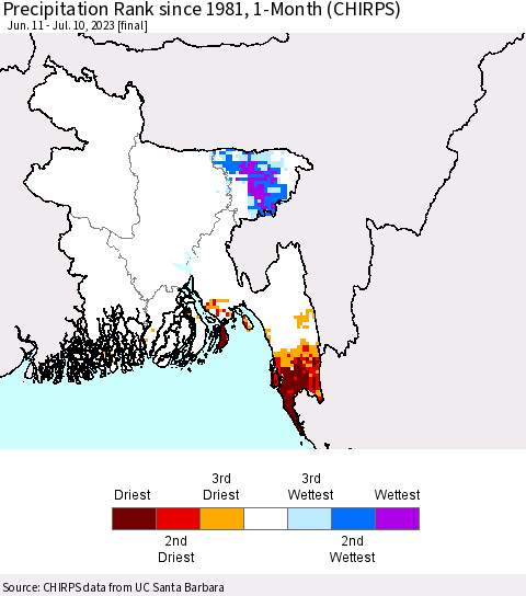 Bangladesh Precipitation Rank since 1981, 1-Month (CHIRPS) Thematic Map For 6/11/2023 - 7/10/2023