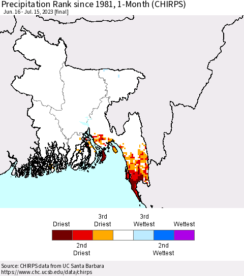 Bangladesh Precipitation Rank since 1981, 1-Month (CHIRPS) Thematic Map For 6/16/2023 - 7/15/2023