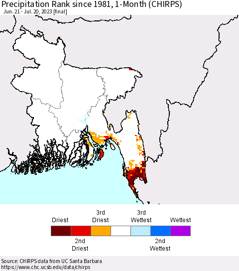 Bangladesh Precipitation Rank since 1981, 1-Month (CHIRPS) Thematic Map For 6/21/2023 - 7/20/2023