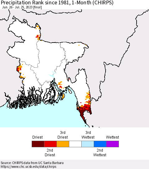 Bangladesh Precipitation Rank since 1981, 1-Month (CHIRPS) Thematic Map For 6/26/2023 - 7/25/2023