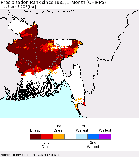 Bangladesh Precipitation Rank since 1981, 1-Month (CHIRPS) Thematic Map For 7/6/2023 - 8/5/2023