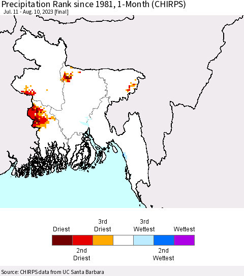 Bangladesh Precipitation Rank since 1981, 1-Month (CHIRPS) Thematic Map For 7/11/2023 - 8/10/2023