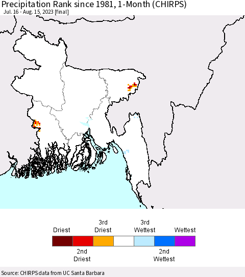 Bangladesh Precipitation Rank since 1981, 1-Month (CHIRPS) Thematic Map For 7/16/2023 - 8/15/2023