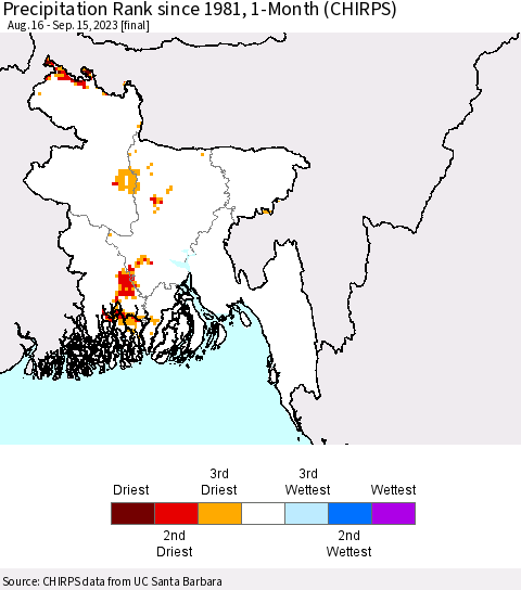 Bangladesh Precipitation Rank since 1981, 1-Month (CHIRPS) Thematic Map For 8/16/2023 - 9/15/2023
