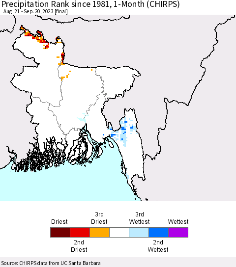 Bangladesh Precipitation Rank since 1981, 1-Month (CHIRPS) Thematic Map For 8/21/2023 - 9/20/2023