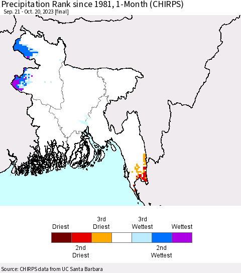 Bangladesh Precipitation Rank since 1981, 1-Month (CHIRPS) Thematic Map For 9/21/2023 - 10/20/2023