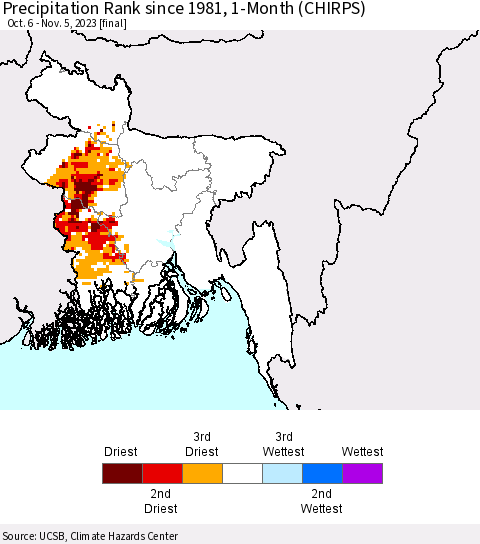 Bangladesh Precipitation Rank since 1981, 1-Month (CHIRPS) Thematic Map For 10/6/2023 - 11/5/2023