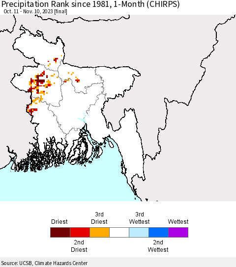 Bangladesh Precipitation Rank since 1981, 1-Month (CHIRPS) Thematic Map For 10/11/2023 - 11/10/2023