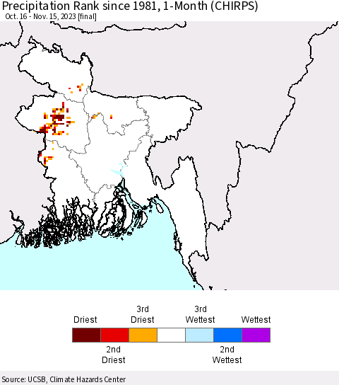 Bangladesh Precipitation Rank since 1981, 1-Month (CHIRPS) Thematic Map For 10/16/2023 - 11/15/2023