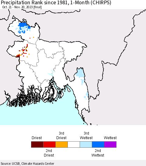 Bangladesh Precipitation Rank since 1981, 1-Month (CHIRPS) Thematic Map For 10/21/2023 - 11/20/2023
