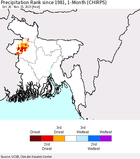 Bangladesh Precipitation Rank since 1981, 1-Month (CHIRPS) Thematic Map For 10/26/2023 - 11/25/2023