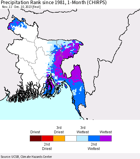 Bangladesh Precipitation Rank since 1981, 1-Month (CHIRPS) Thematic Map For 11/11/2023 - 12/10/2023