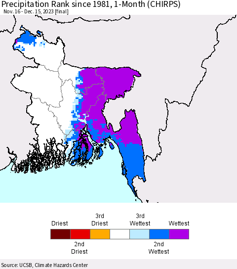 Bangladesh Precipitation Rank since 1981, 1-Month (CHIRPS) Thematic Map For 11/16/2023 - 12/15/2023