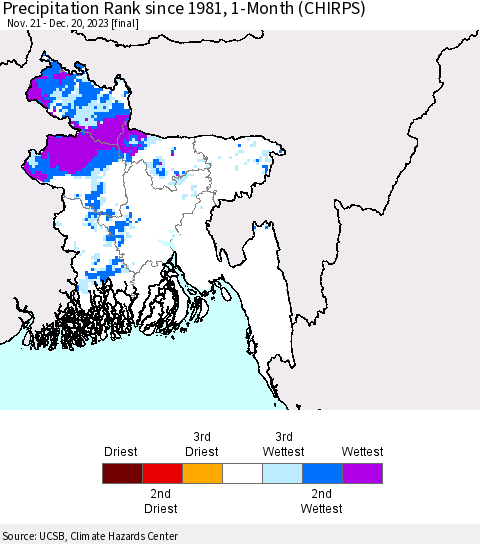 Bangladesh Precipitation Rank since 1981, 1-Month (CHIRPS) Thematic Map For 11/21/2023 - 12/20/2023