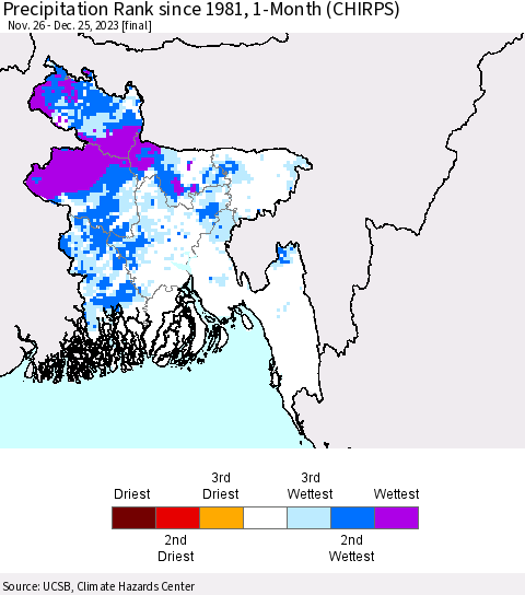 Bangladesh Precipitation Rank since 1981, 1-Month (CHIRPS) Thematic Map For 11/26/2023 - 12/25/2023