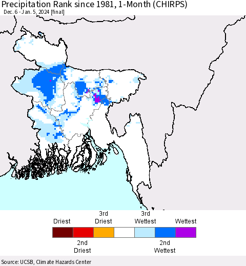 Bangladesh Precipitation Rank since 1981, 1-Month (CHIRPS) Thematic Map For 12/6/2023 - 1/5/2024