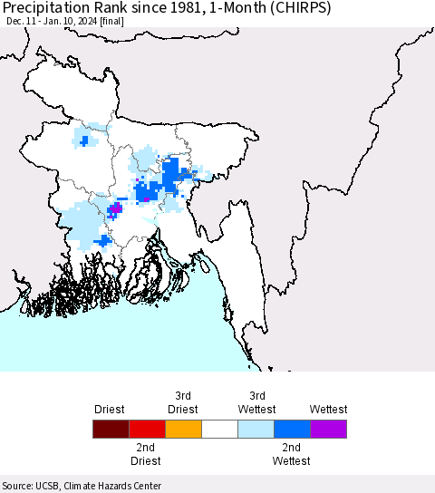 Bangladesh Precipitation Rank since 1981, 1-Month (CHIRPS) Thematic Map For 12/11/2023 - 1/10/2024