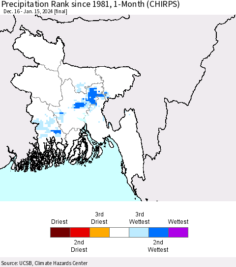Bangladesh Precipitation Rank since 1981, 1-Month (CHIRPS) Thematic Map For 12/16/2023 - 1/15/2024